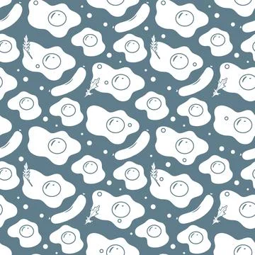 Fried egg and sausage pattern on dark blue background. Seamless, repetitive.. Stock Illustration