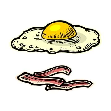 Fried egg and slices of crisp bacon. Vector vintage engraving illustration fo Stock-Illustration