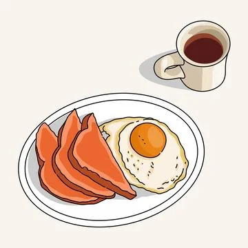 Fried egg and three bread and jam sliced on white plate and coffee on white cup  Stock Illustration