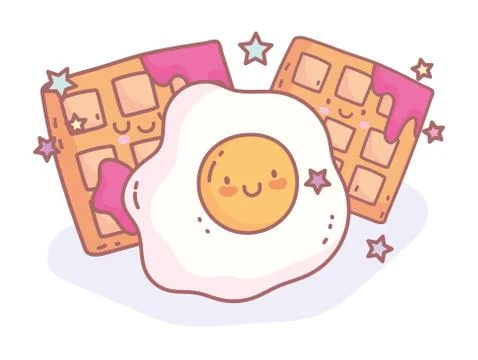 Fried egg and waffle with jam menu restaurant cartoon food cute Stock Illustration
