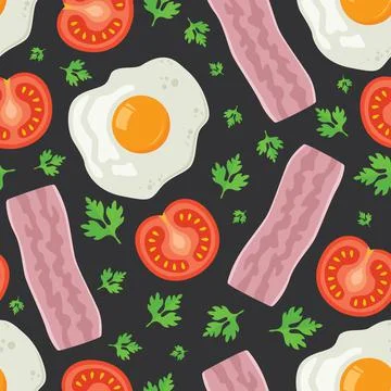 Fried egg, bacon, tomato and parsley. Seamless pattern with fried egg. Pattern Stock Illustration