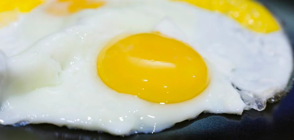 Fried egg on a black background.  Macro photography. 写真素材
