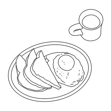 Fried egg, bread and jam sliced on white plate and coffee on cup for breakfast c Stock Illustration