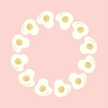 Fried egg circle frame with cute hand drawn breakfast eggs on pink background Stock-Illustration
