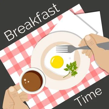 Fried egg, coffee on table, breakfast time Stock Illustration