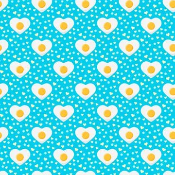 Fried egg colorful seamless pattern with hearts and dots on blue background. Stock Illustration