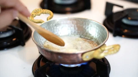 Fried egg in the copper frying pan Stock Footage 90709921