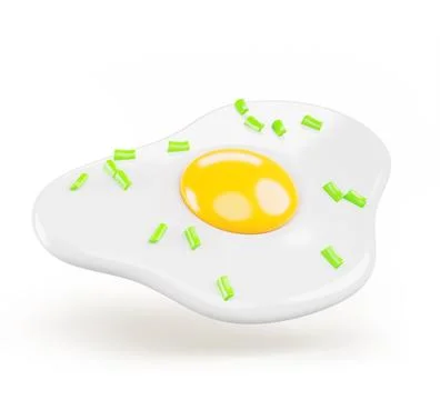 Fried egg with green onions 3d render icon. Realistic omelette with leek Stock Illustration