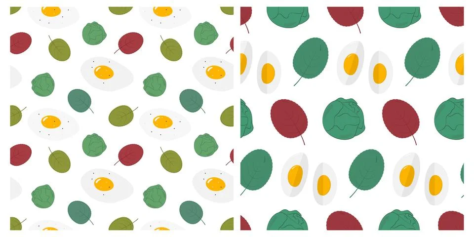 Fried Egg with Lettuce and half Hard Boiled egg Seamless Pattern Healthy Eating Stock Illustration