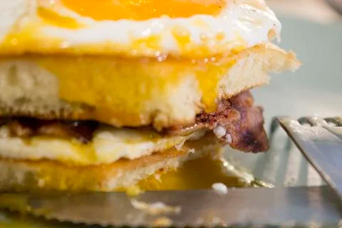 Fried egg in macro with bacon Foto stock