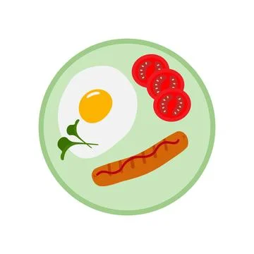 Fried Egg with Microgreen leaves Tomato slices and Grill Sausage with Ketchup Stock Illustration