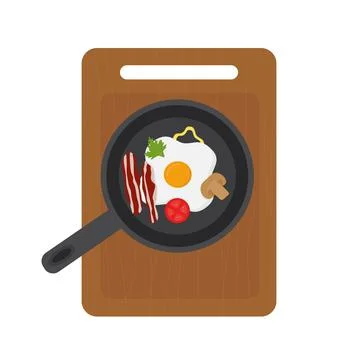 Fried egg in a pan with vegetables on a cutting board Stock Illustration
