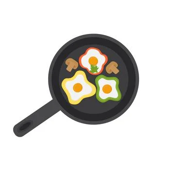 Fried egg in a pan with vegetables. Flat vector illustration. Stock Illustration