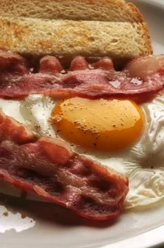 Fried egg with pancetta and bread Stock Photos