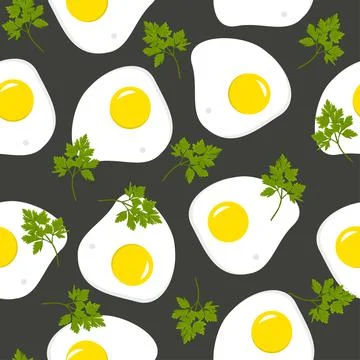 Fried egg with parsley seamless pattern on black Illustrazione stock