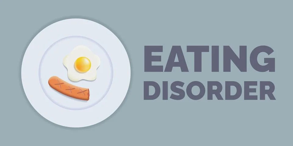 Fried Egg Plate and Bitten Sausage. Text Eating Disorder. No appetite Stock Illustration