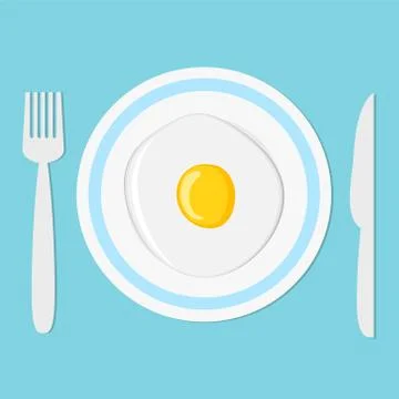 Fried egg on plate with fork and knife, breakfast concept, stock vector illus Stock Illustration