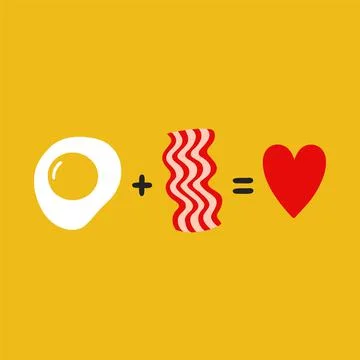 Fried egg plus bacon equals love. Cute funny poster,card illustration. Vector Stock Illustration
