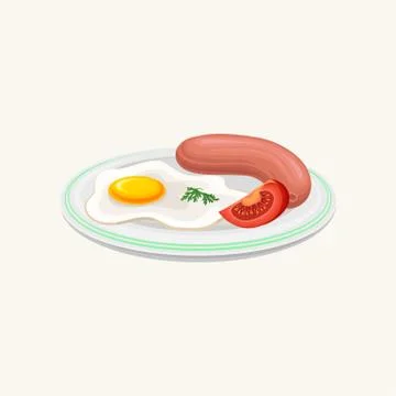 Fried egg, sausage and slice of tomato on plate. Classic breakfast. Good morning Stock Illustration