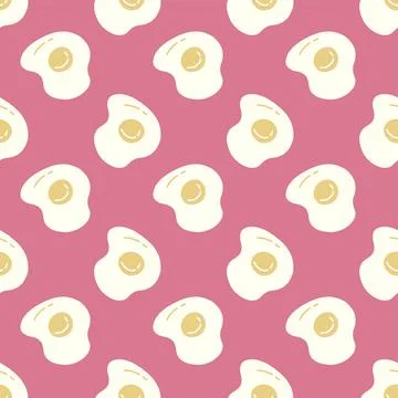 Fried egg seamless pattern with cute doodle eggs on pink background for kitchen Illustrazione stock