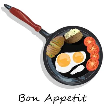 Fried egg, sliced tomato and baked potato. Vector illustration of food on cas Stock Illustration