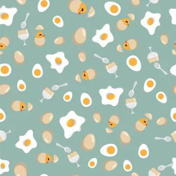 Fried egg, soft boiled egg and chicken hatching in egg shell pattern background Stock Illustration