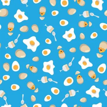 Fried egg, soft boiled egg and chicken hatching in egg shell pattern background Stock Illustration