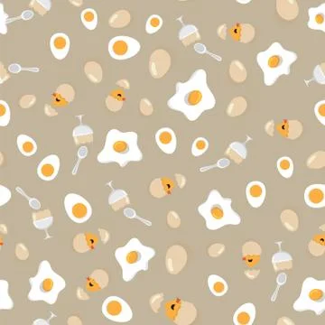 Fried egg, soft boiled egg and chicken hatching in egg shell pattern background Stock Illustration