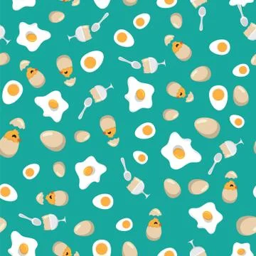 Fried egg, soft boiled egg and chicken hatching in egg shell pattern background Stock Illustration
