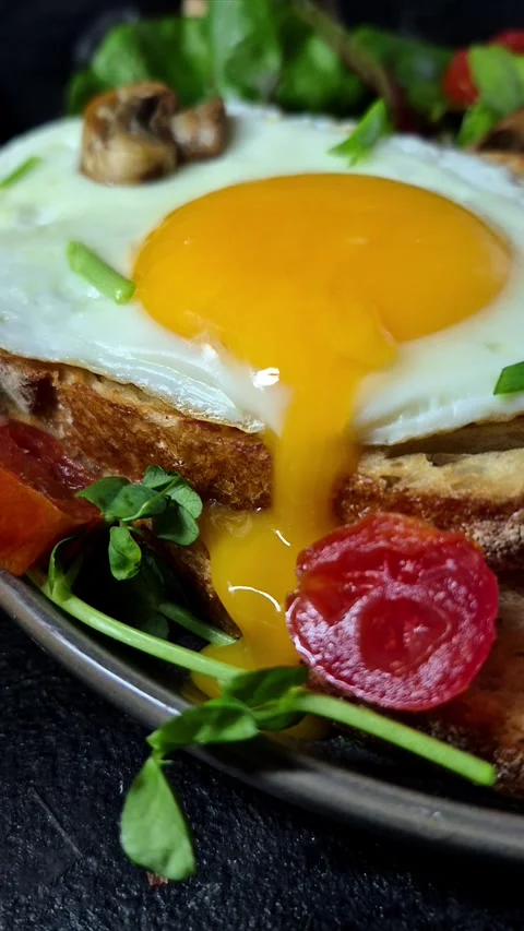 Fried egg on toast bread with bacon, tomatoes and lettuce Stock Footage 305064546