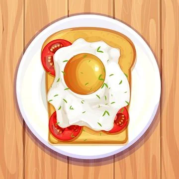 Fried egg with toasted bread sandwich top view on wooden table in cartoon style Illustrazione stock