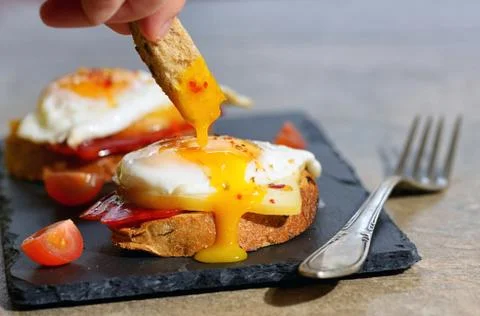 Fried egg on toasts Stock Photos