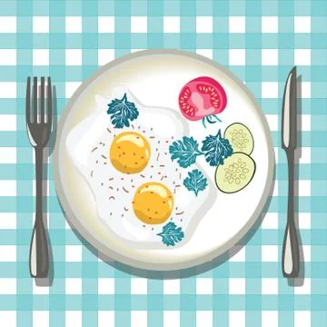 Fried egg with tomato slice, cucumber and parsley. Stock Illustration
