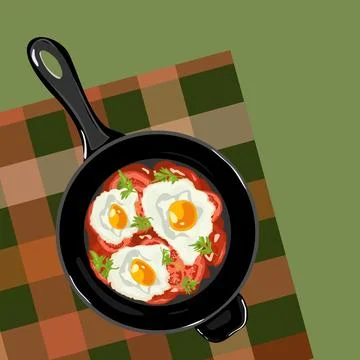 Fried egg with tomatoes and greens ia a fryer pan on the tablecloth. Shakshuk Stock Illustration