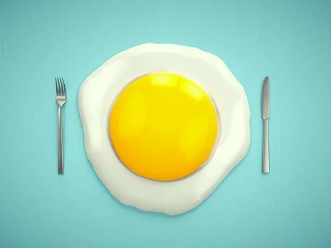Fried egg in a white plate and cutlery. Stock Illustration