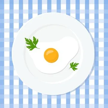 Fried egg on white plate. Simple breakfast top view. Vector illustration. Stock-Illustration