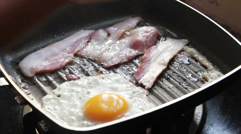 Fried eggs and bacon in a pan. Stock Footage 54035663