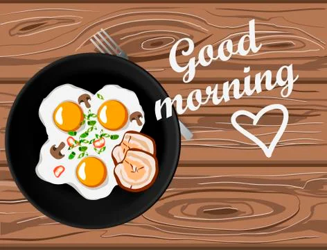 Fried eggs and bacon top view on wooden table with good morning lettering. Stock Illustration
