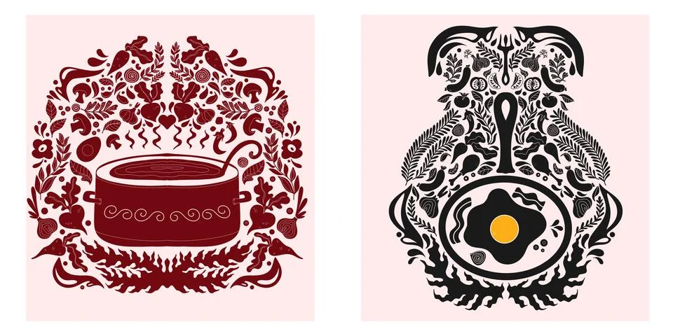 Fried eggs and borscht set. Folk-style pattern, symmetrical, detailed, vector Stock Illustration
