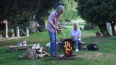 Fried eggs are prepared in a frying pan over the campfire in the fire basket Video stock 92440863