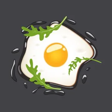 Fried eggs with arugula, isolated on grey background. Vector illustration. Stock Illustration