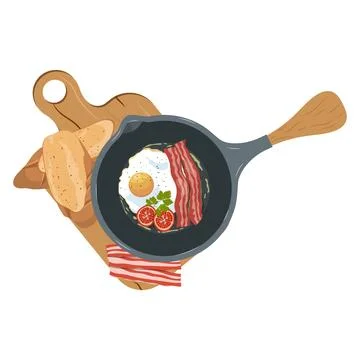 Fried eggs with bacon in a frying pan vector on a white background Stock Illustration