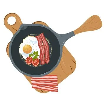 Fried eggs with bacon in a frying pan vector on a white background Stock Illustration