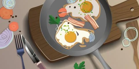 Fried eggs with bacon, vegetables and herbs. Vector. Stock Illustration