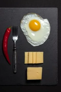 Fried eggs on a black dish. Breakfast on a black background. Stock Photos