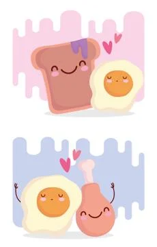 Fried eggs bread and chicken menu character cartoon food cute Stock Illustration