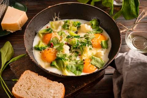 Fried eggs with  broccoli, cheese, spinach in a pan on a dark wooden backgrou Foto stock