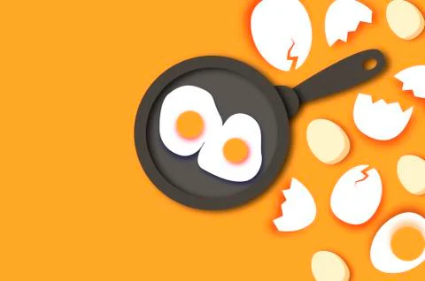 Fried eggs. Cooking pan with handle. Omelet papercut style. Farm products. Fast Stock Illustration