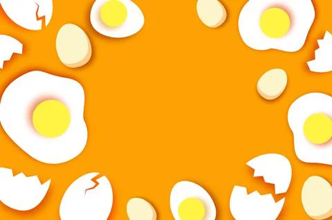Fried eggs. Cooking pan with handle. Omelet papercut style. Farm products. Fast Stock Illustration