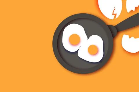 Fried eggs. Cooking pan with handle. Omelet papercut style. Farm products. Fast Stock Illustration
